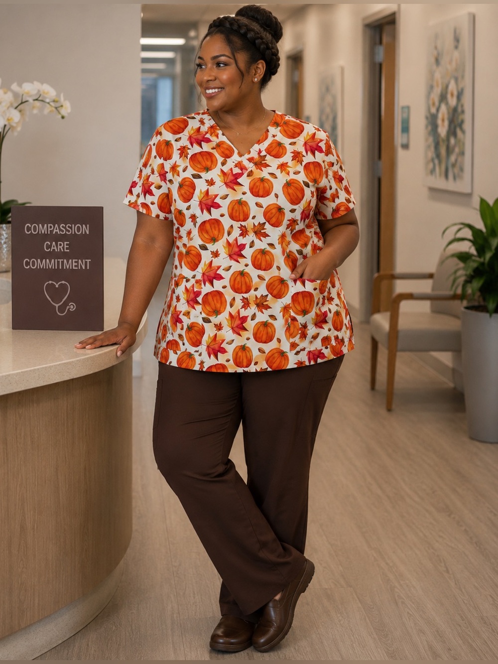 NWT eliteMed Performance Pumpkin Autumn Leaf Scrub Top Size 2XL